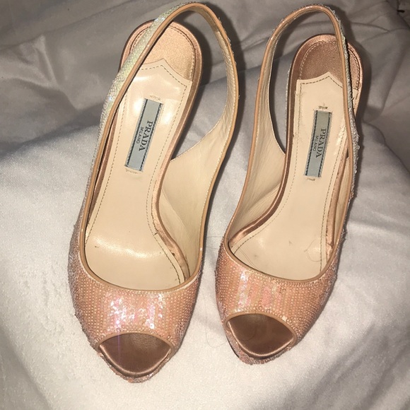 Prada sequin nude platform open toe sling backs. - Picture 2 of 4